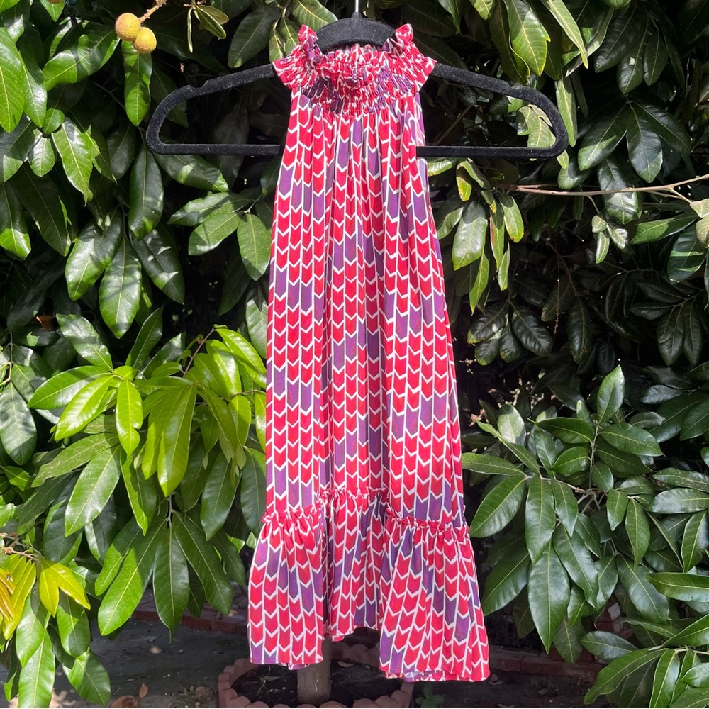 PALOMA BLUE‎ red pink purple geo print silk viscose high neck ruffle tank top